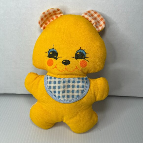 Vintage Orange/Yellow Bear Rattle Plush 8" Blue Bib Pink Ears checkered RARE